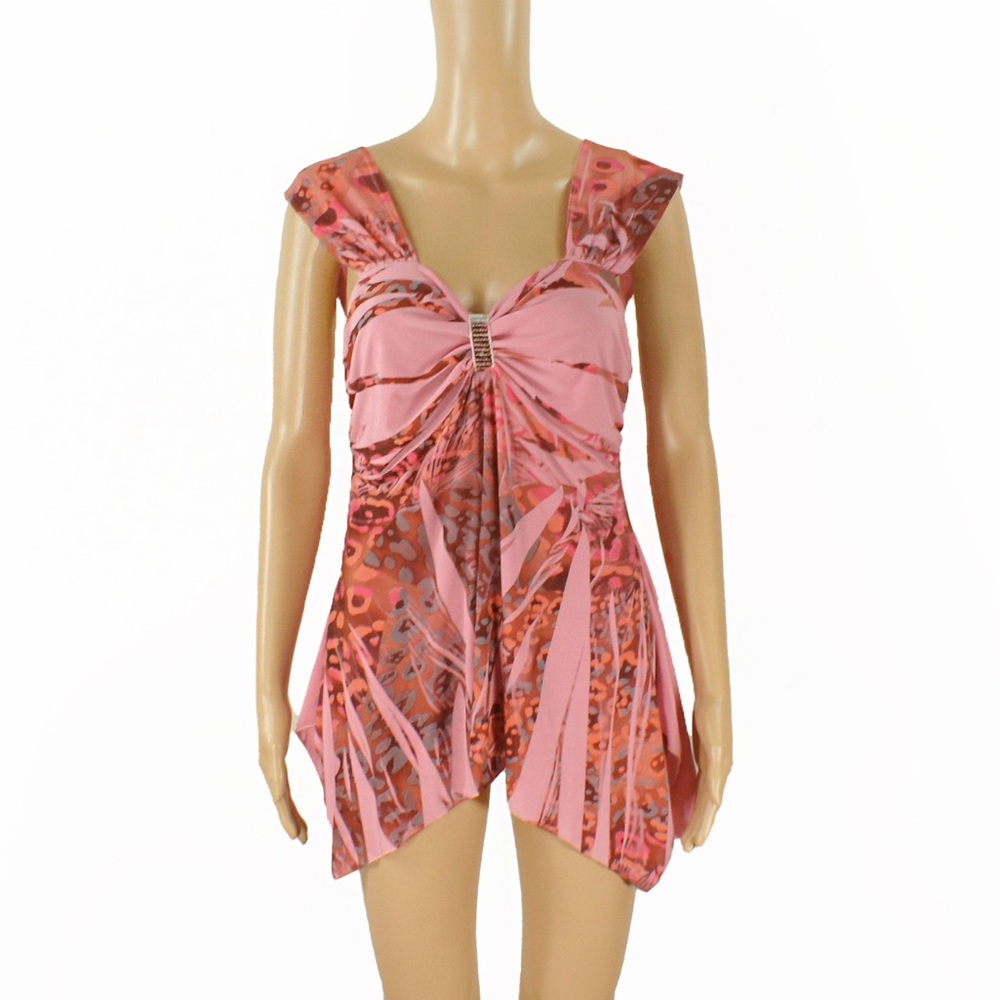 Vintage Y2K 00s Pink Fairy Sequin Detail V Neck Sleeveless Asymmetrical Top